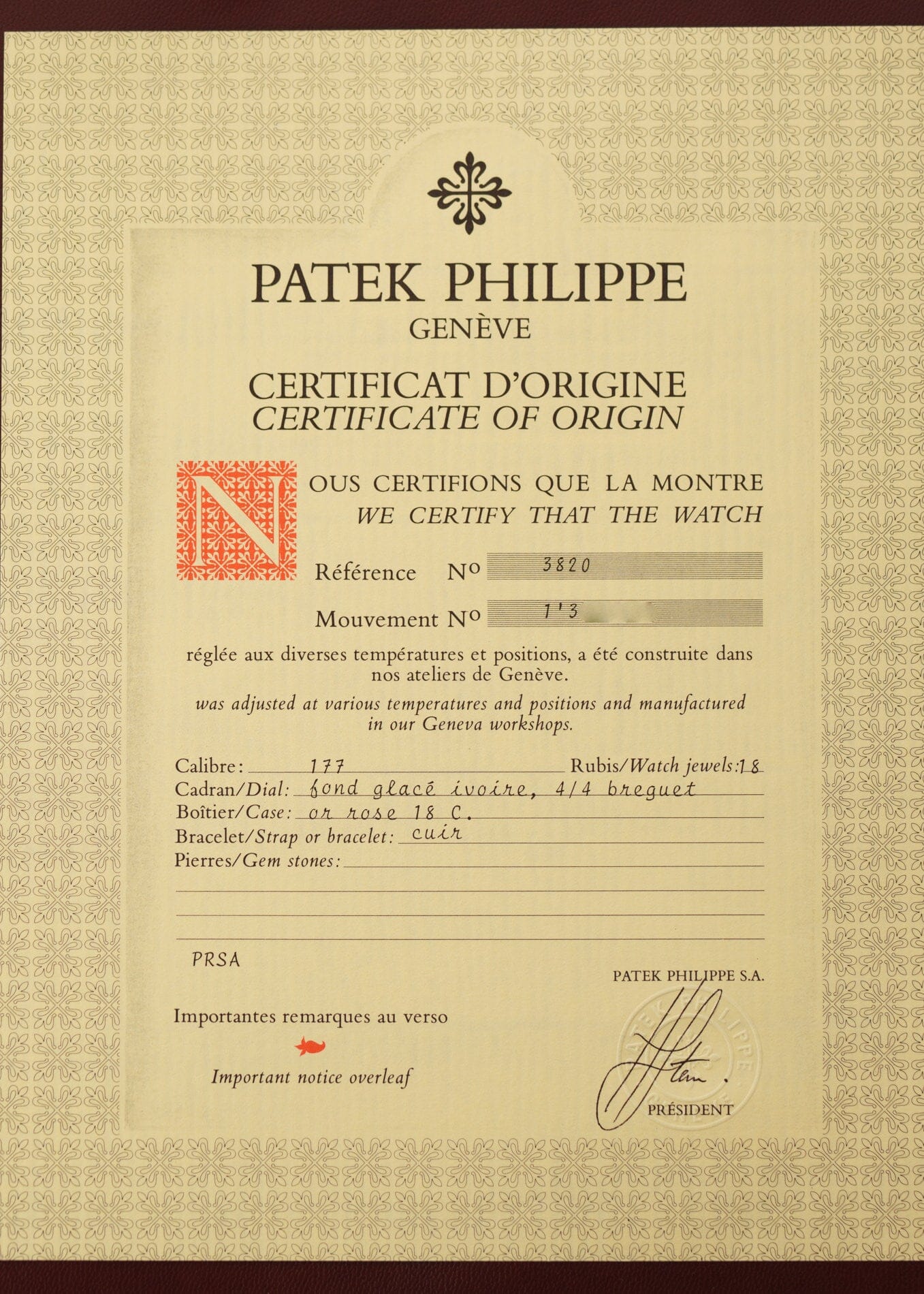 Patek Philippe カラトラバ 3820 PG ダイヤモンドダイアル 保証書付き Watch PATEK PHILIPPE