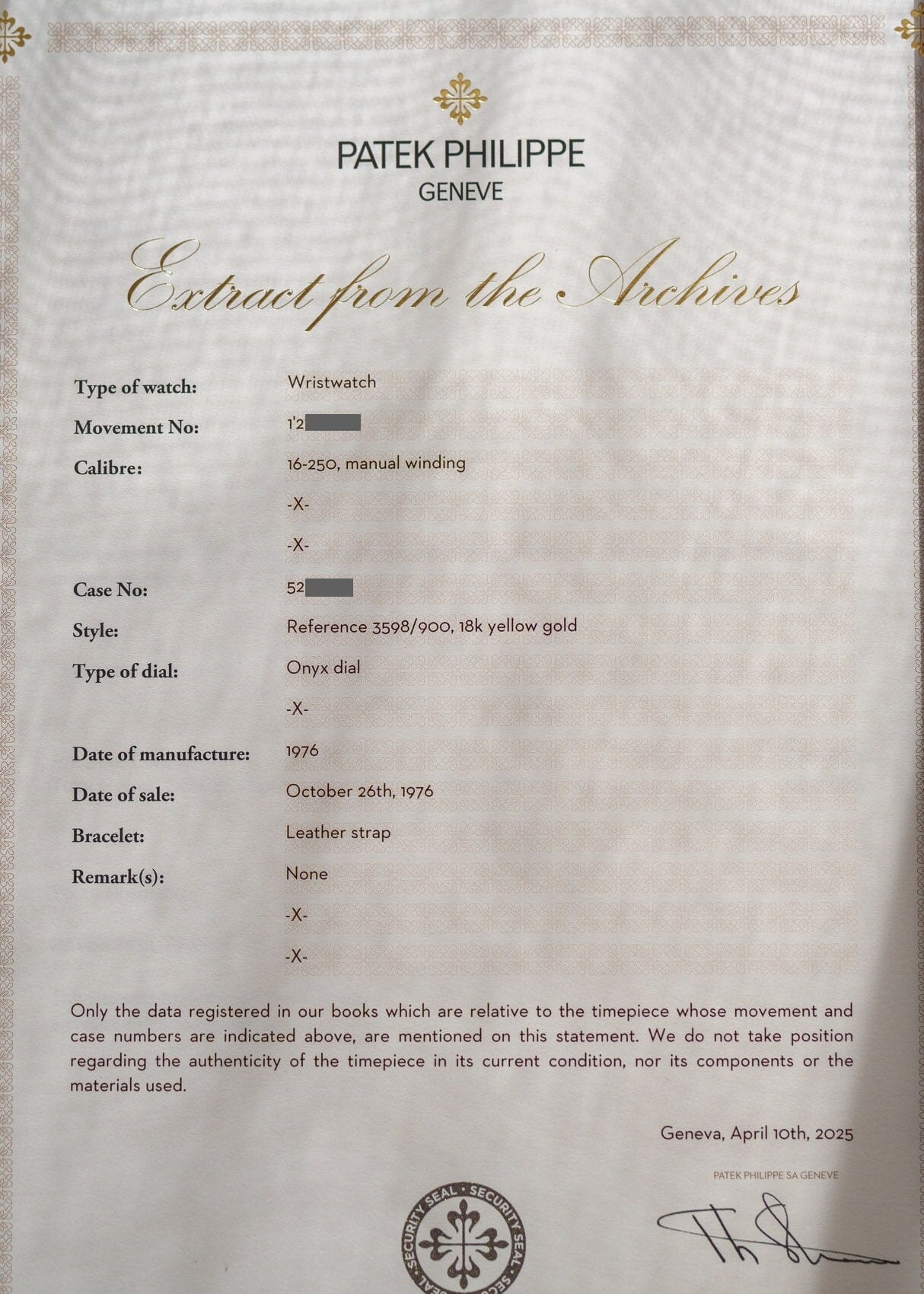 Patek Philippe ゴールデンエリプス 3598 YG オニキス アーカイブ付き Watch PATEK PHILIPPE